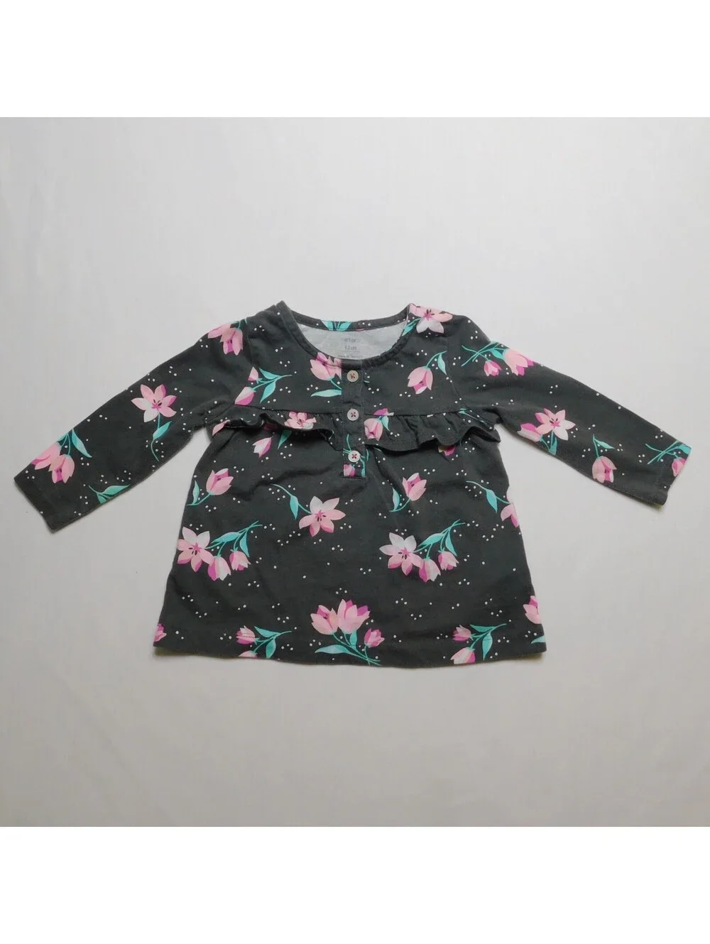 Carter's Baby Girl Long Sleeve Top Size 12M Charcoal Grey Pink Floral Ruffle Tee